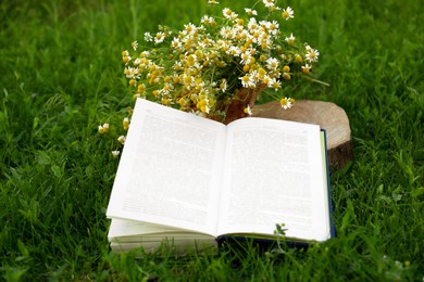 Photo of Open book and chamomiles on wooden stump outdoors