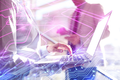 Double exposure of businesswoman with modern laptop and circuit board illustration, closeup