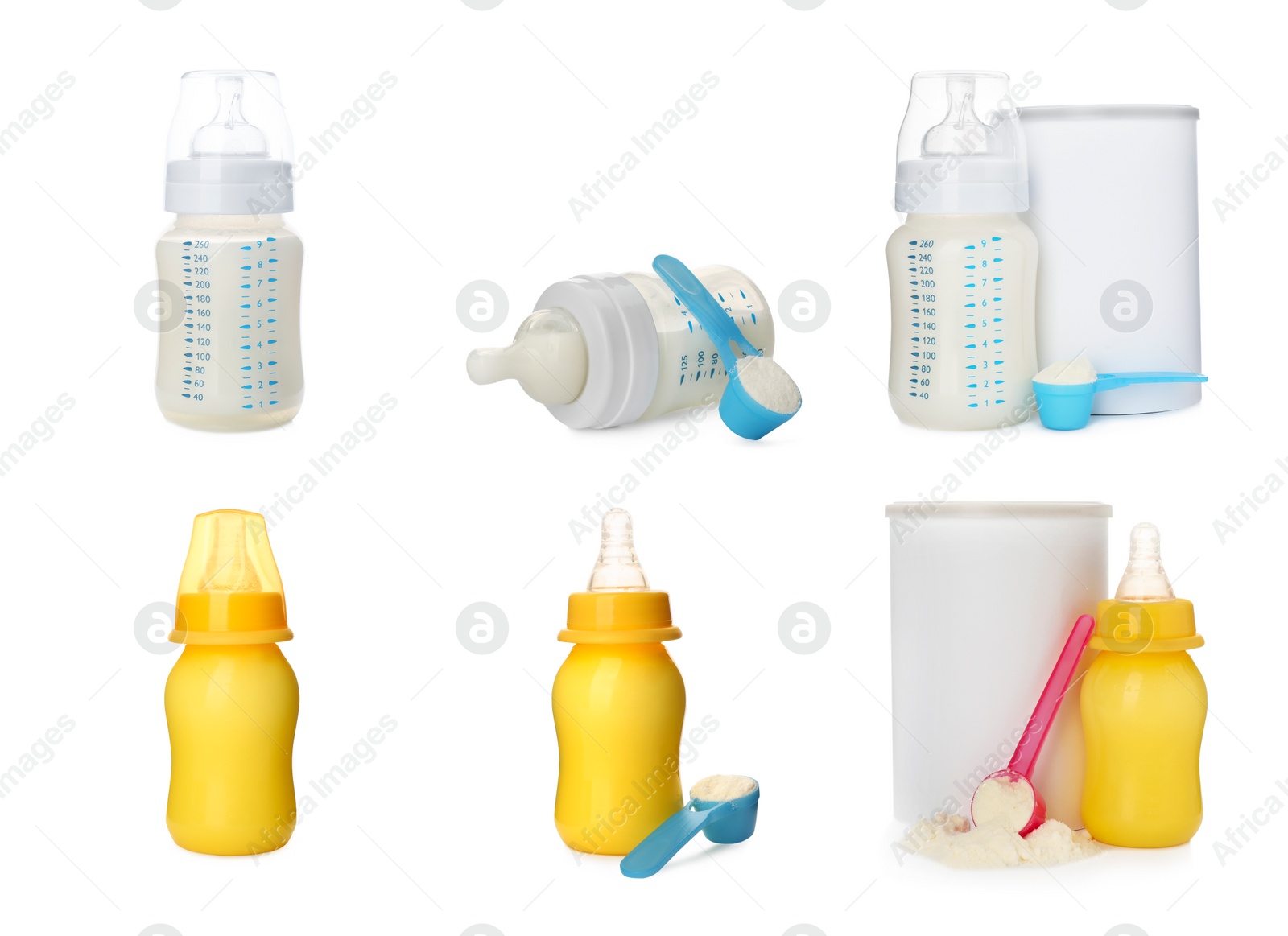 Image of Feeding bottles with infant formula on white background, collage. Baby milk