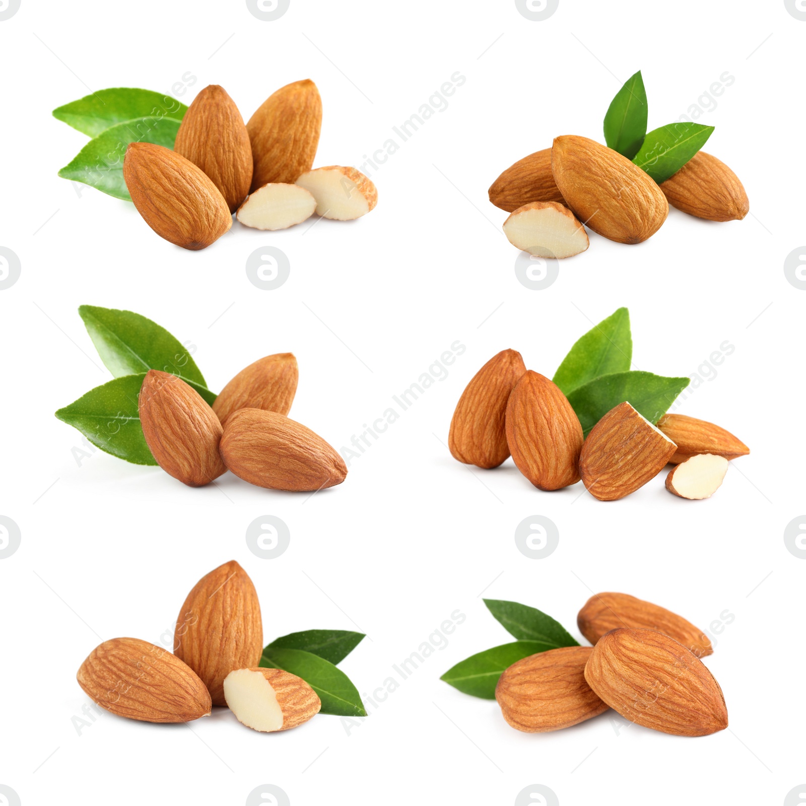 Image of Set with tasty almond nuts on white background