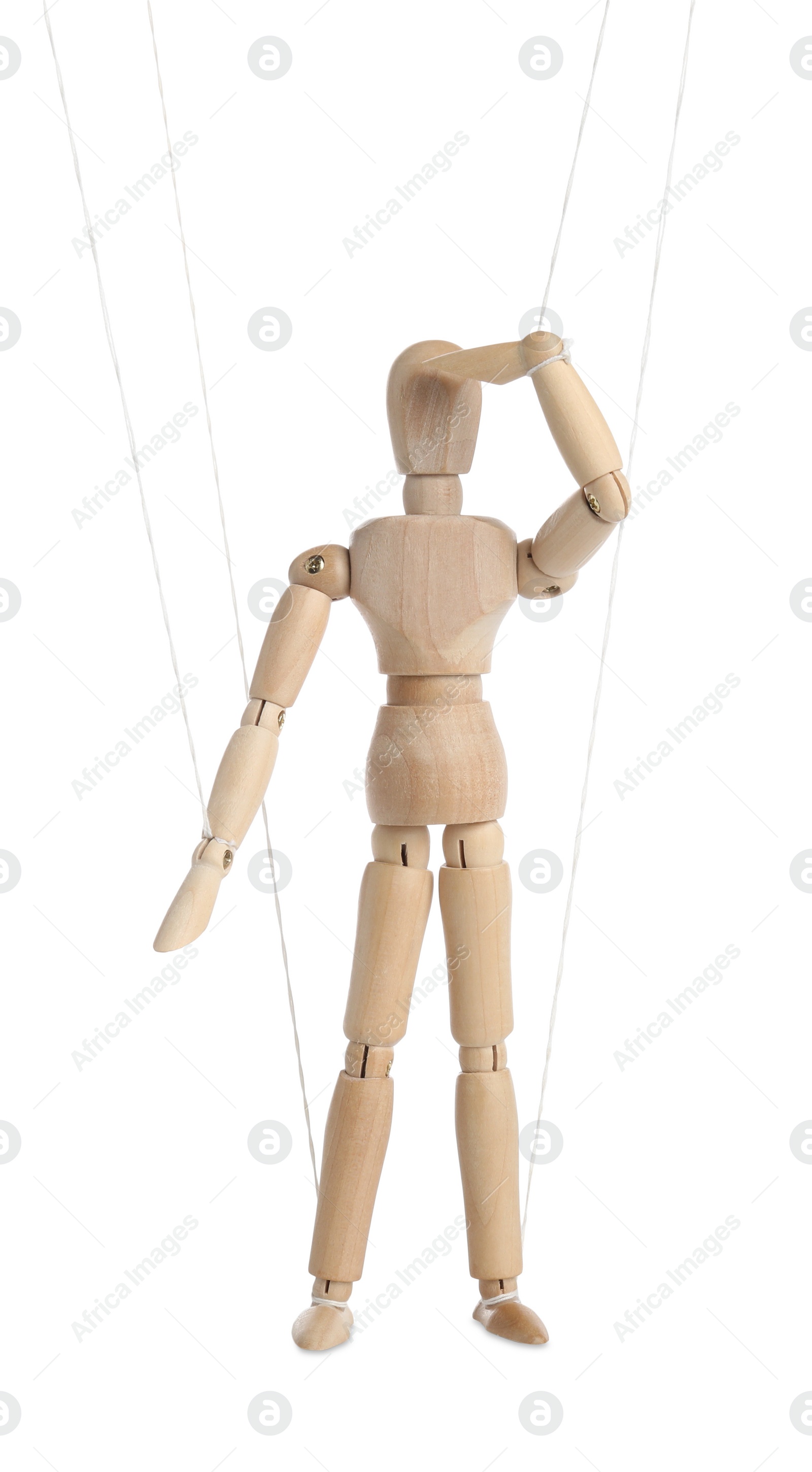 Photo of One wooden puppet with strings on white background