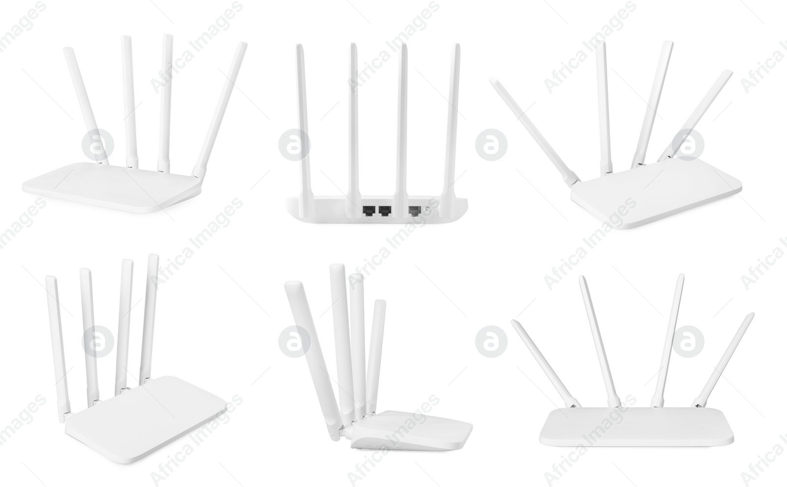 Image of Modern Wi-Fi router on white background, view from different sides