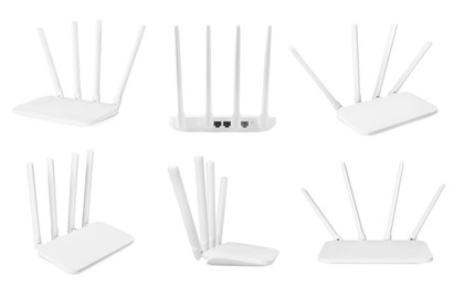 Image of Modern Wi-Fi router on white background, view from different sides