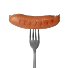 Photo of Fork with tasty cooked sausage on white background. Meat product