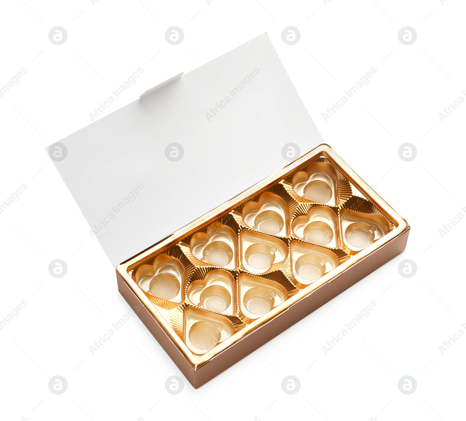 Photo of Empty box of chocolate candies isolated on white, top view