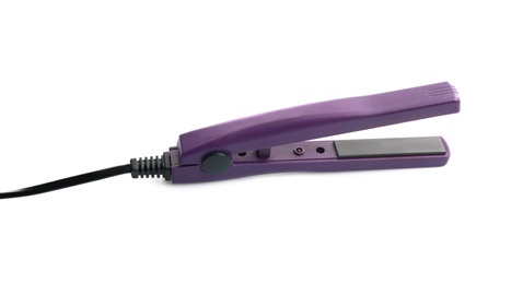 Photo of Modern hair iron for straightening on white background