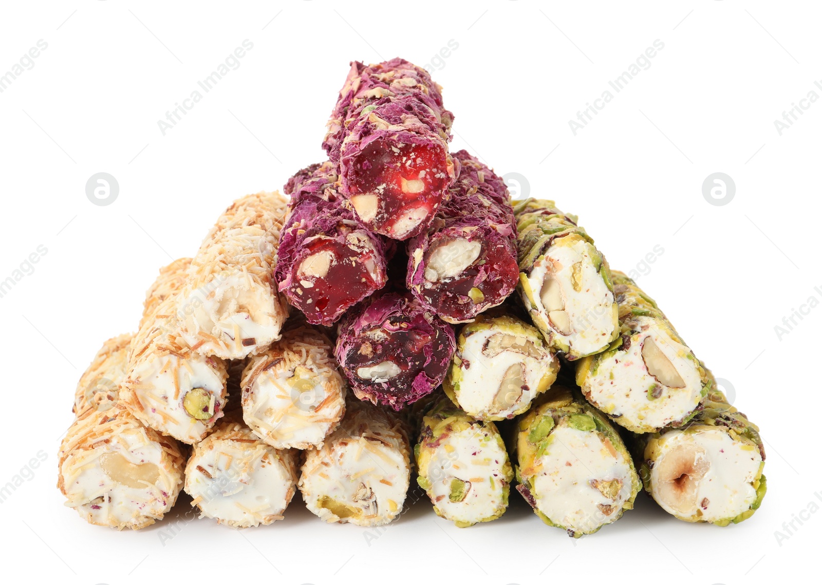 Photo of Tasty turkish delight dessert on white background