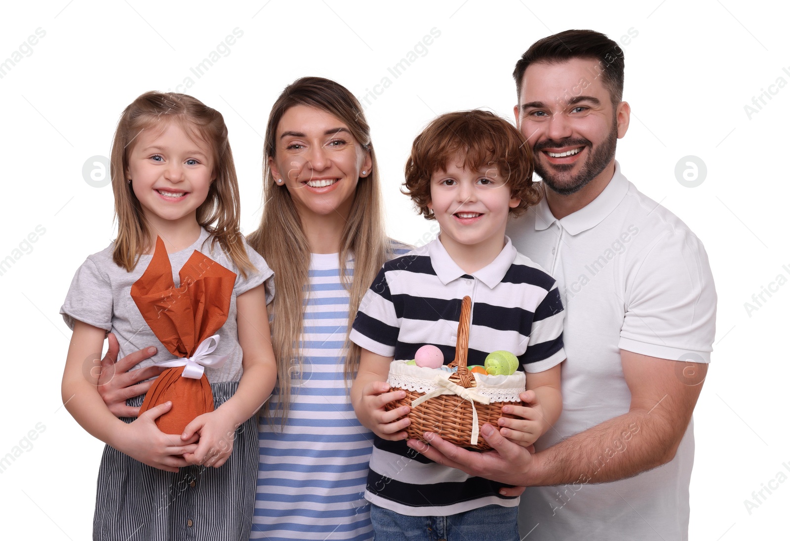 Photo of Easter celebration. Happy family with wrapped egg and wicker basket isolated on white