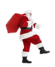 Photo of Authentic Santa Claus with red bag full of gifts on white background