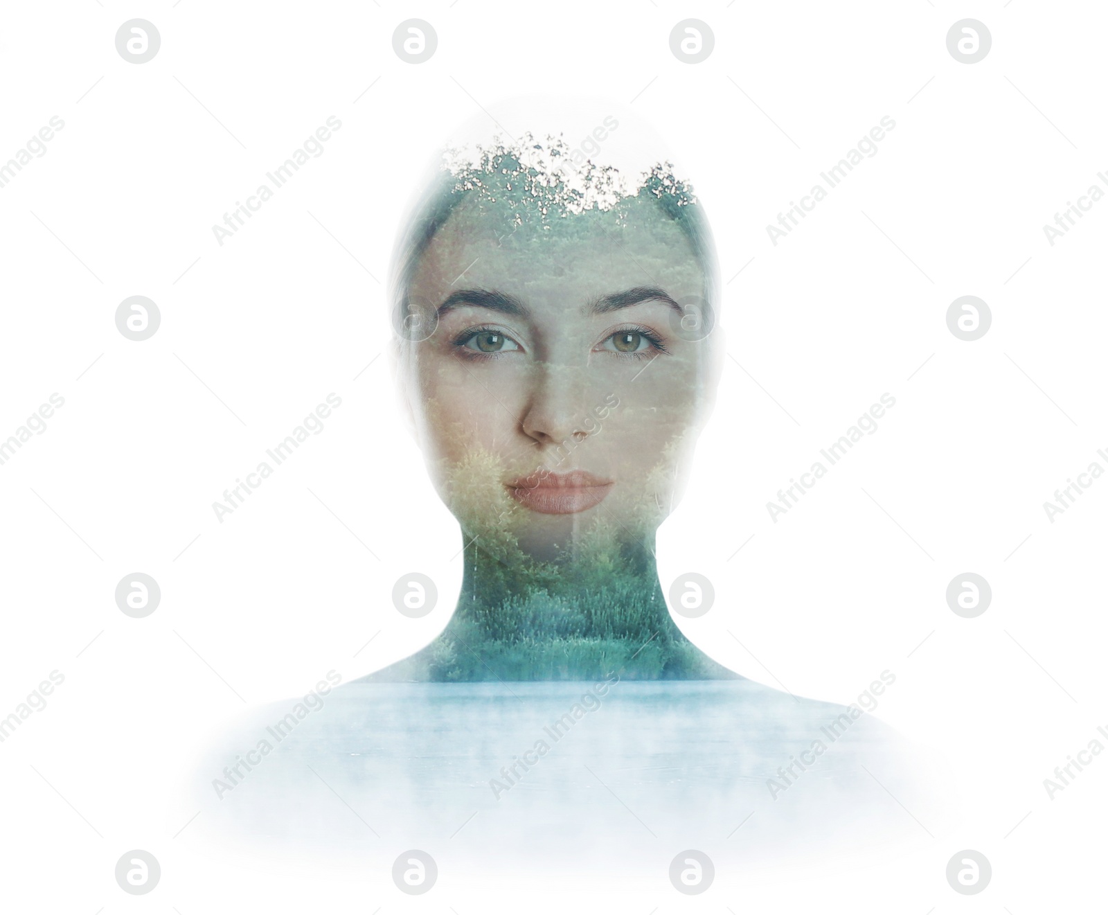 Image of Young woman and beautiful forest on white background. Double exposure