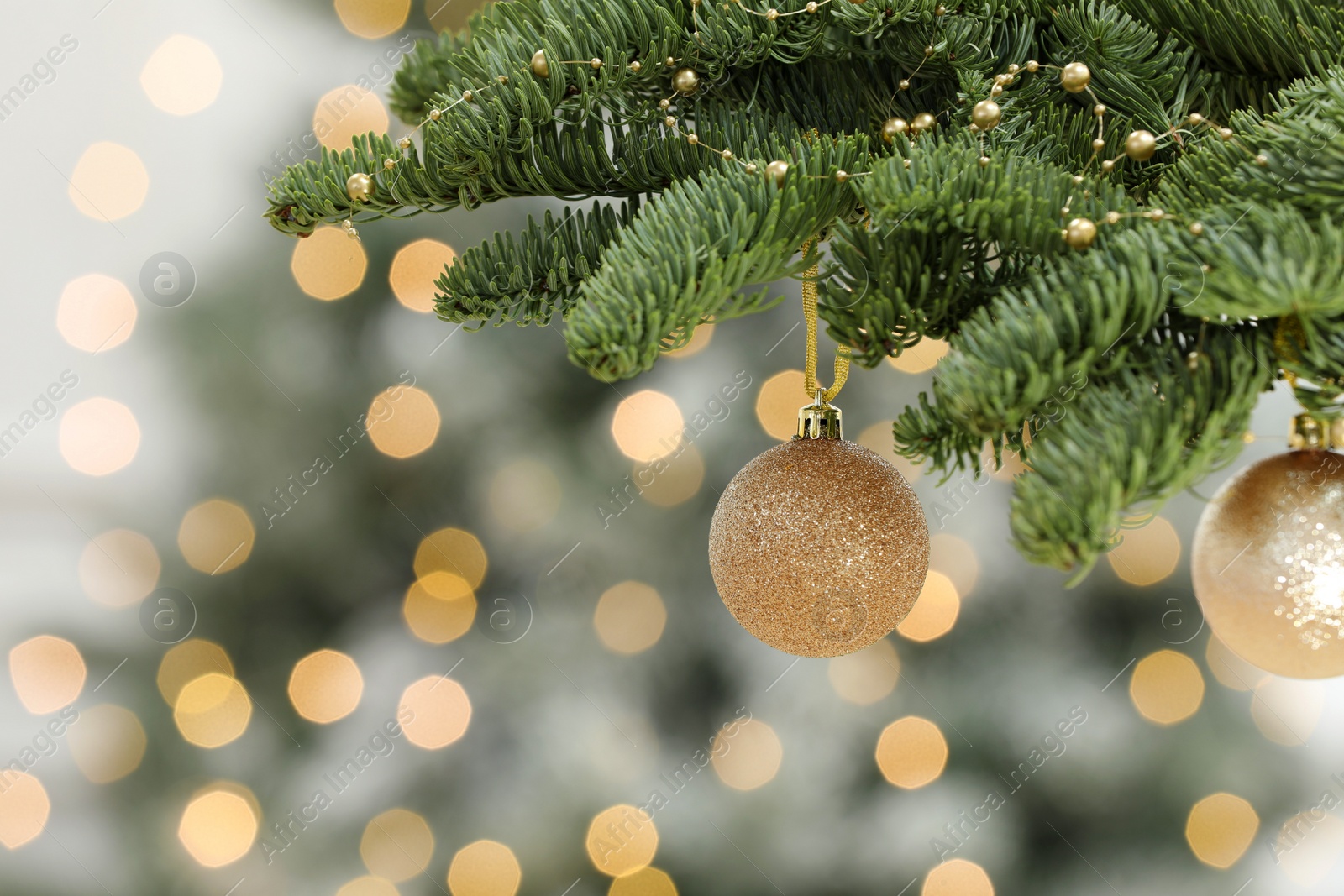 Photo of Golden Christmas balls hanging on fir tree against blurred festive lights