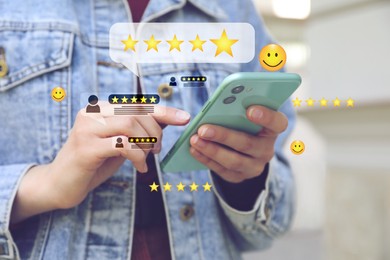 Image of Woman leaving service feedback with smartphone outdoors, closeup. Stars and emoticons near device