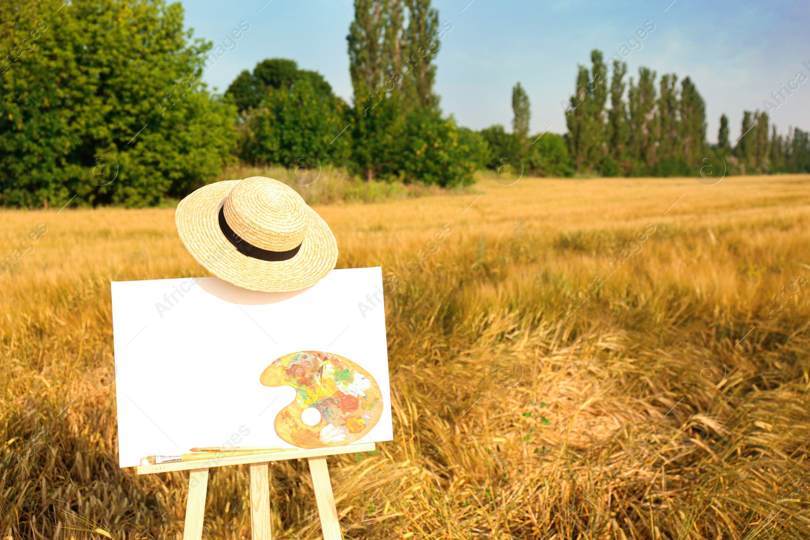 Photo of Wooden easel with blank canvas, painting equipment and hat in field. Space for text