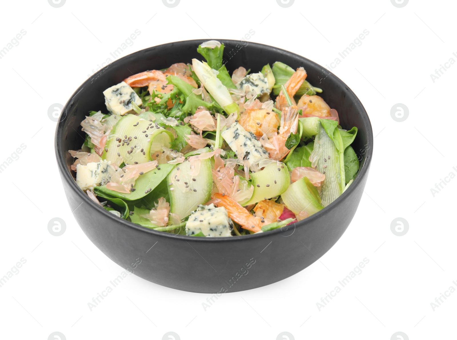 Photo of Delicious pomelo salad with shrimps and cheese in bowl on white background