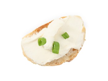 Photo of Bread with cream cheese and green onion on white background, top view