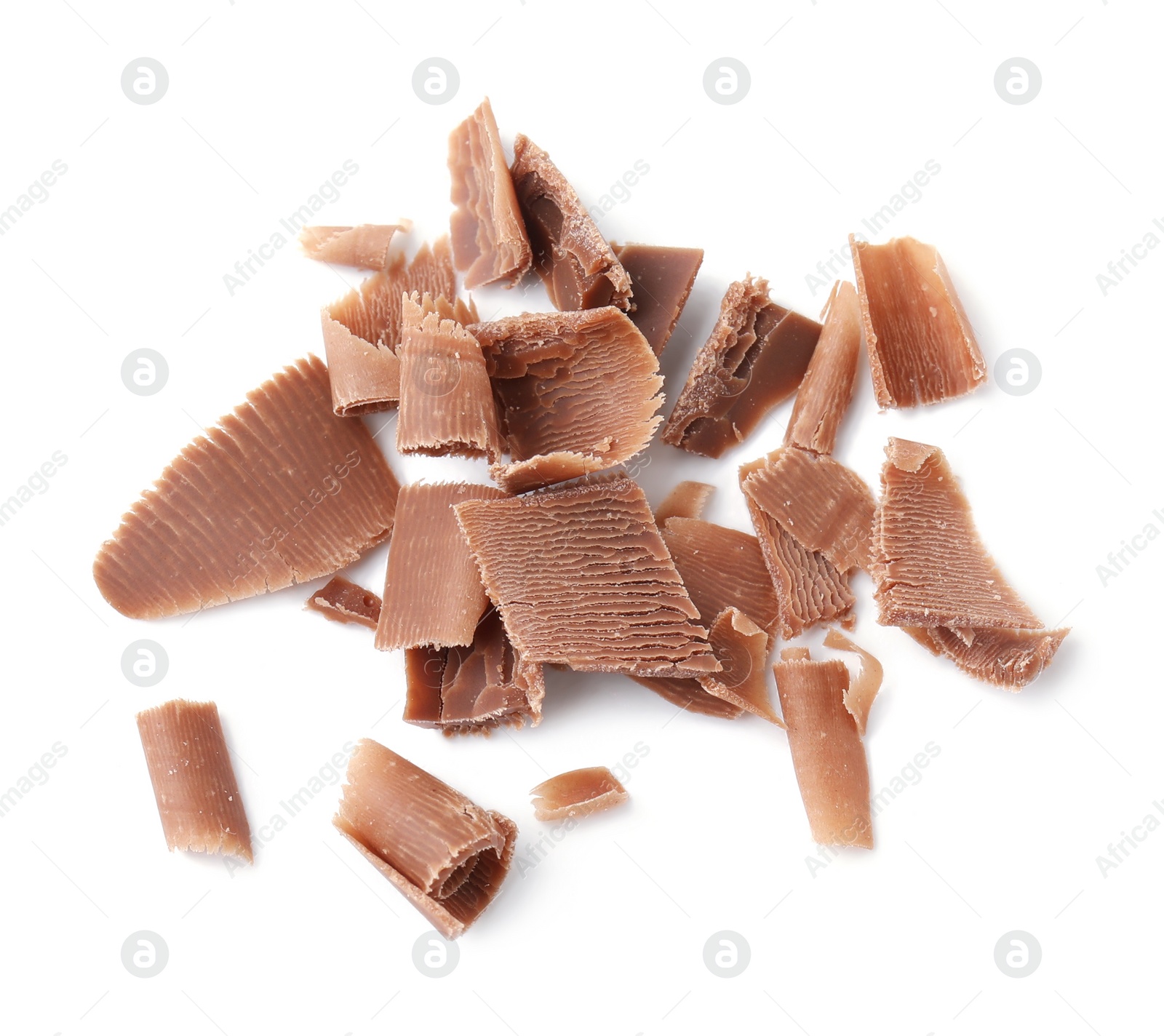 Photo of Pile of tasty chocolate shavings isolated on white, top view