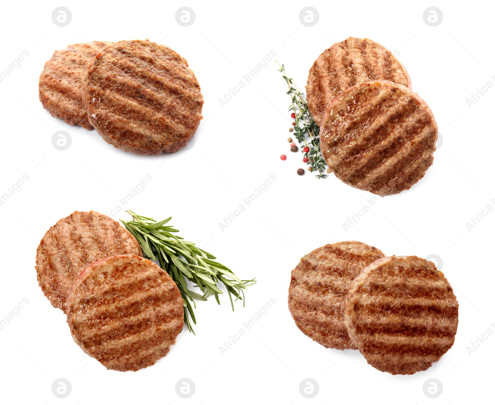 Image of Set with tasty grilled hamburger patties on white background