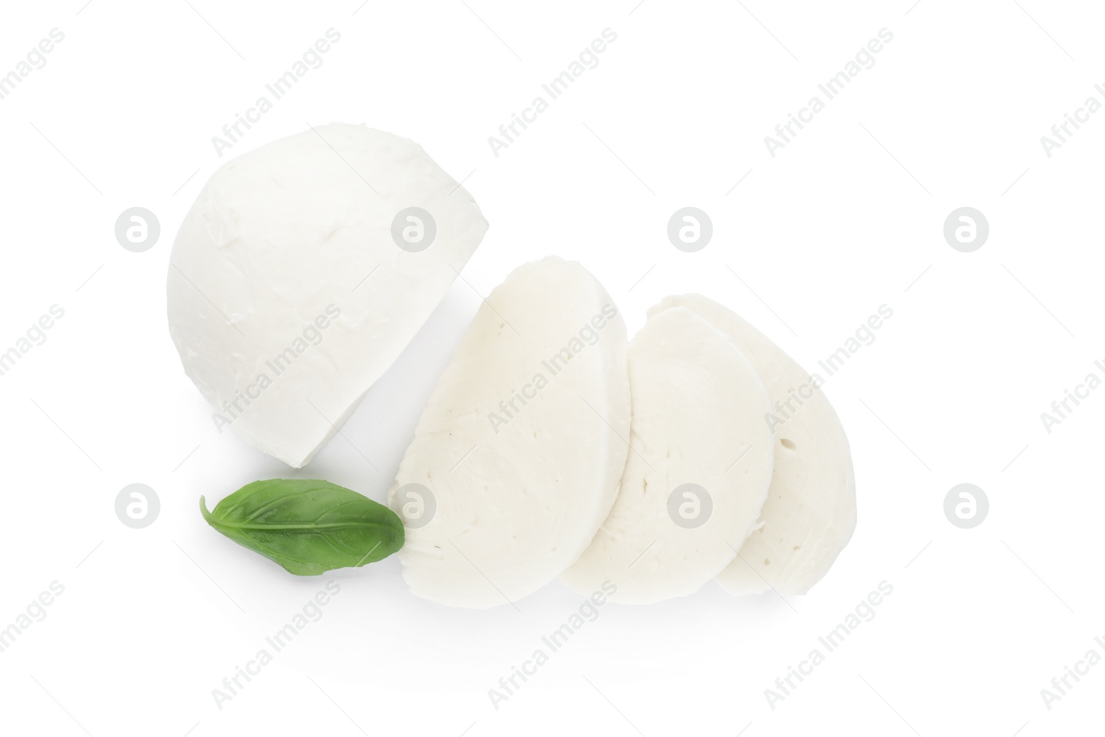 Photo of Delicious mozzarella cheese slices and basil on white background, top view