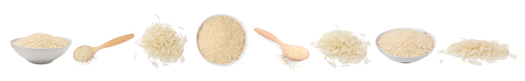 Image of Set with uncooked rice isolated on white, top and side views