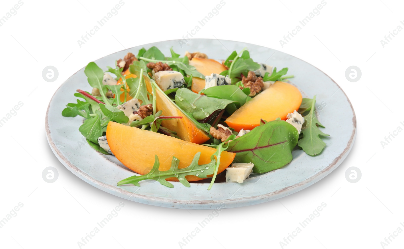 Photo of Tasty salad with persimmon, blue cheese and walnuts isolated on white