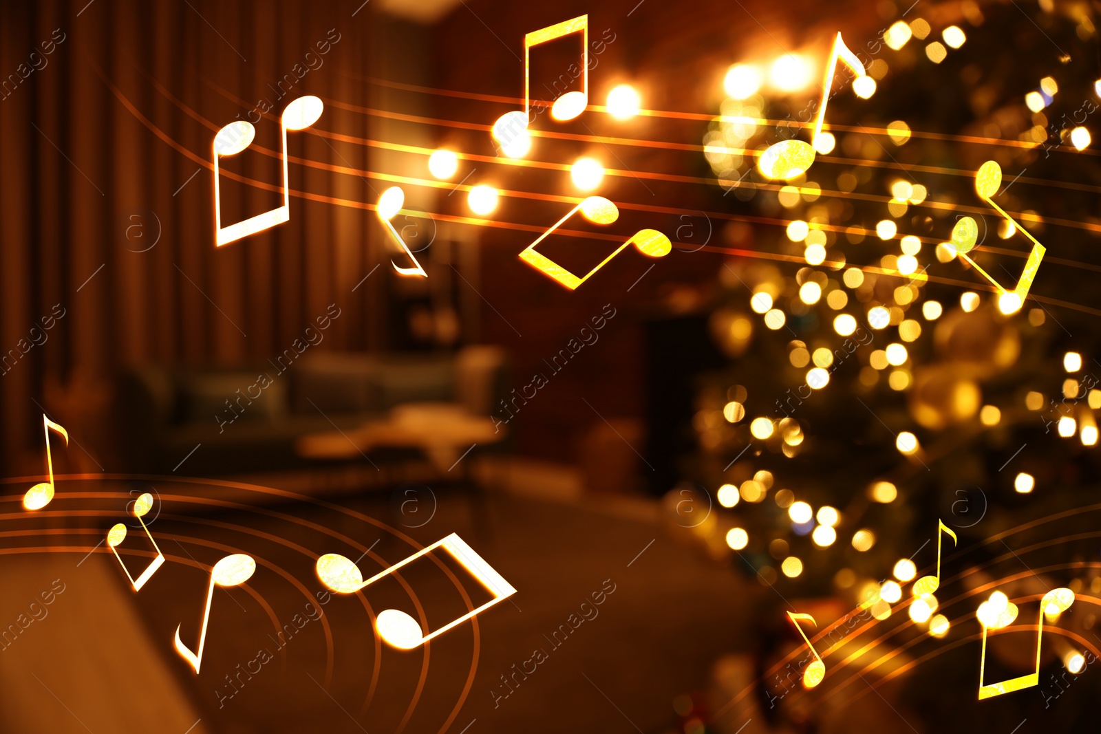 Image of Music notes and blurred view of room decorated for Christmas and New Year celebration, bokeh effect