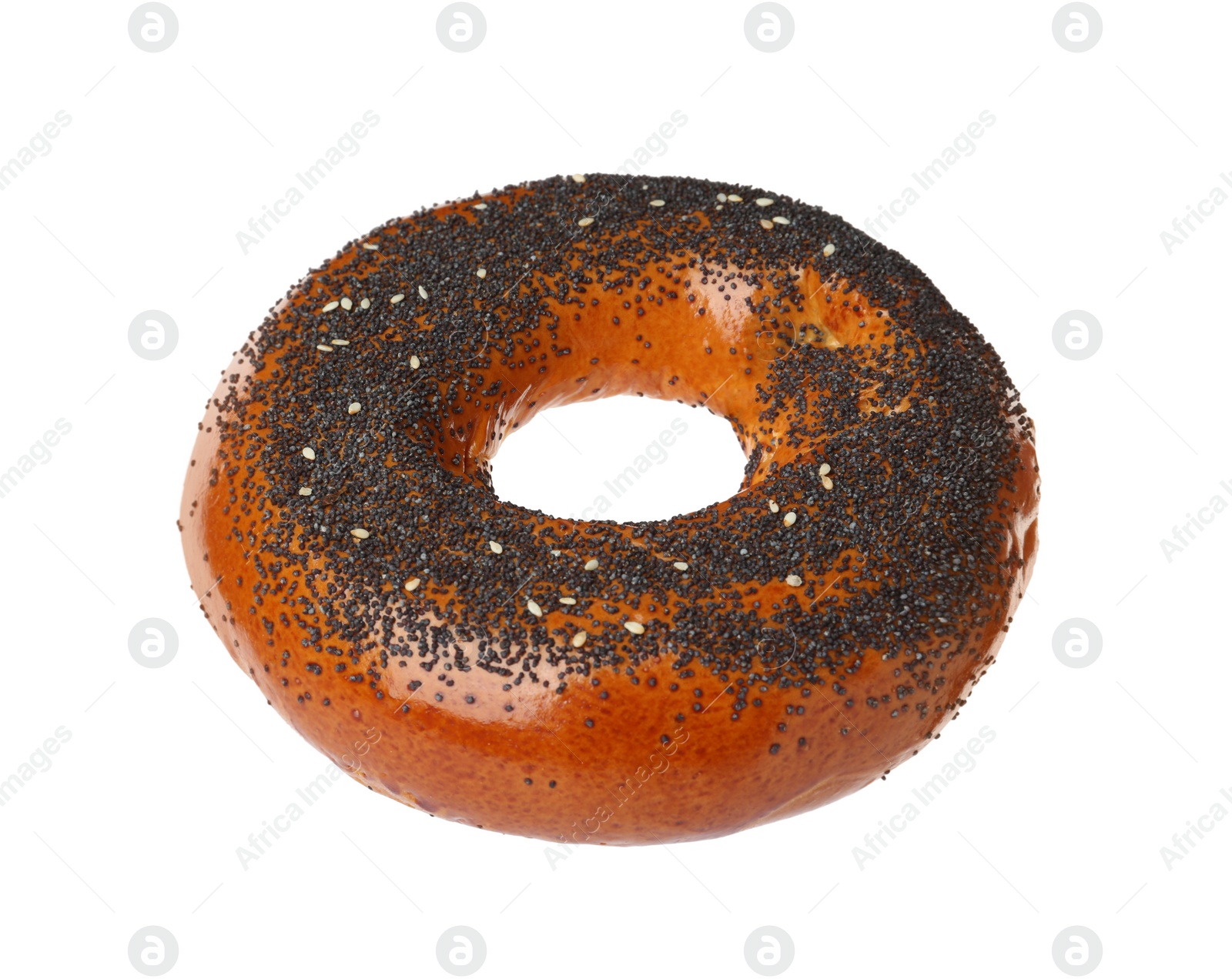 Photo of Delicious fresh bagel with poppy seeds isolated on white