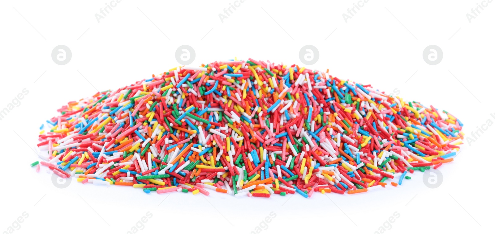 Photo of Pile of colorful sprinkles on white background. Confectionery decor