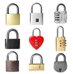 Image of Set with different metal padlocks on white background
