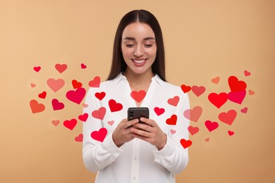 Long distance love. Woman chatting with sweetheart via smartphone on dark beige background. Hearts flying out of device and swirling around her