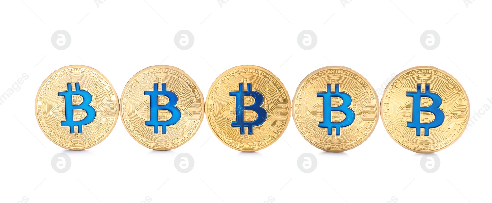 Photo of Row of bitcoins isolated on white, top view. Digital currency