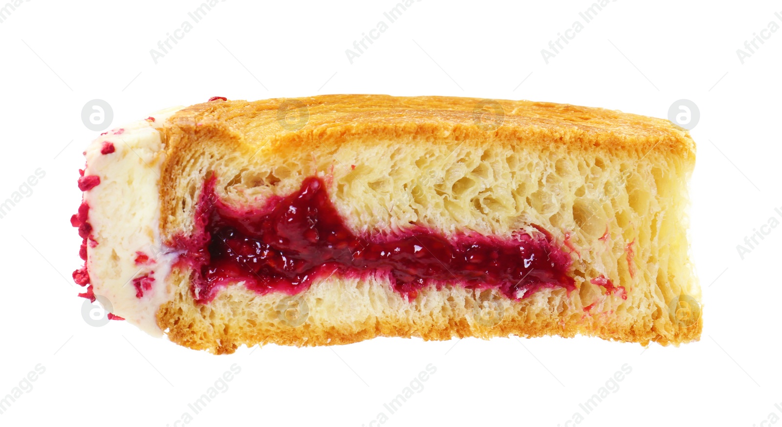 Photo of Half of round croissant with jam isolated on white. Tasty puff pastry