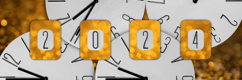 Image of New Year greeting card, banner design. Hour numbers on clocks making 2024 on golden background