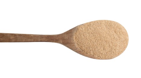 Photo of Dietary fiber. Psyllium husk powder in spoon isolated on white, top view