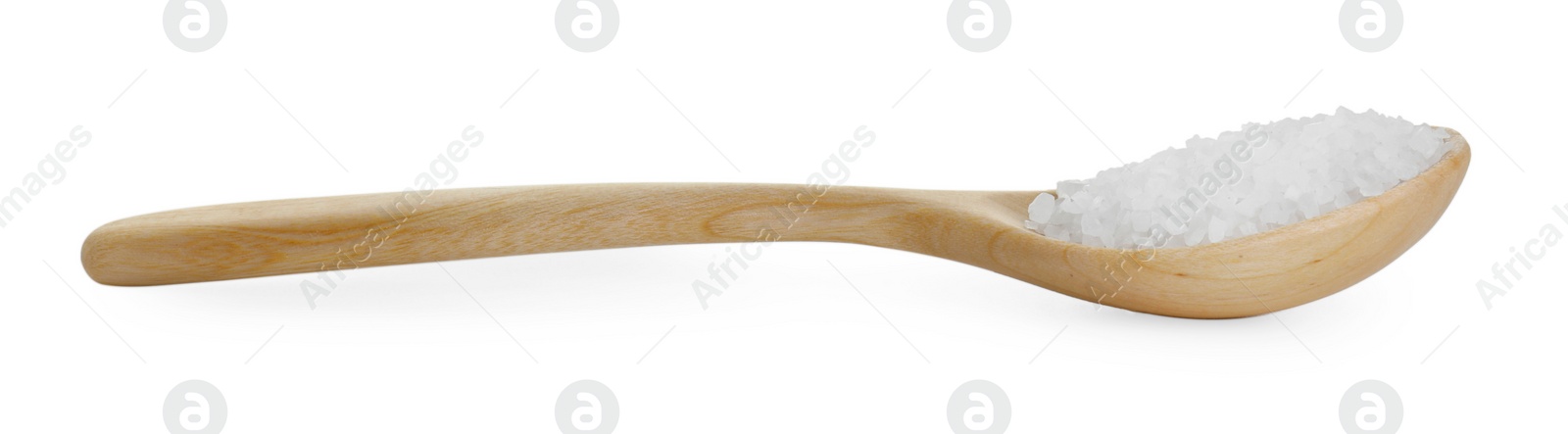 Photo of Natural salt in wooden spoon isolated on white