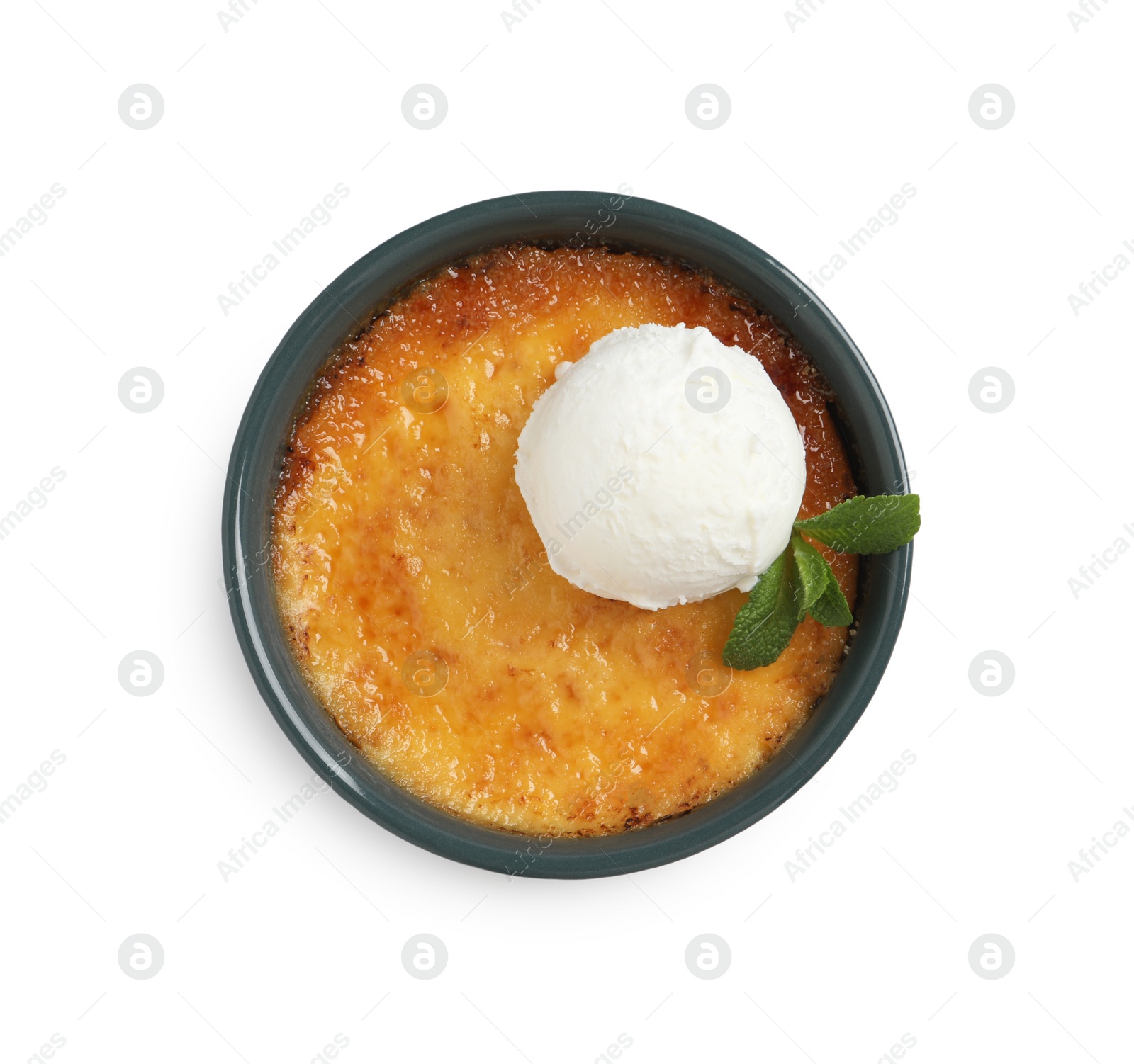 Photo of Delicious creme brulee with scoop of ice cream and mint isolated on white, top view