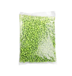 Photo of Pack of fresh edamame soybeans on white background, top view
