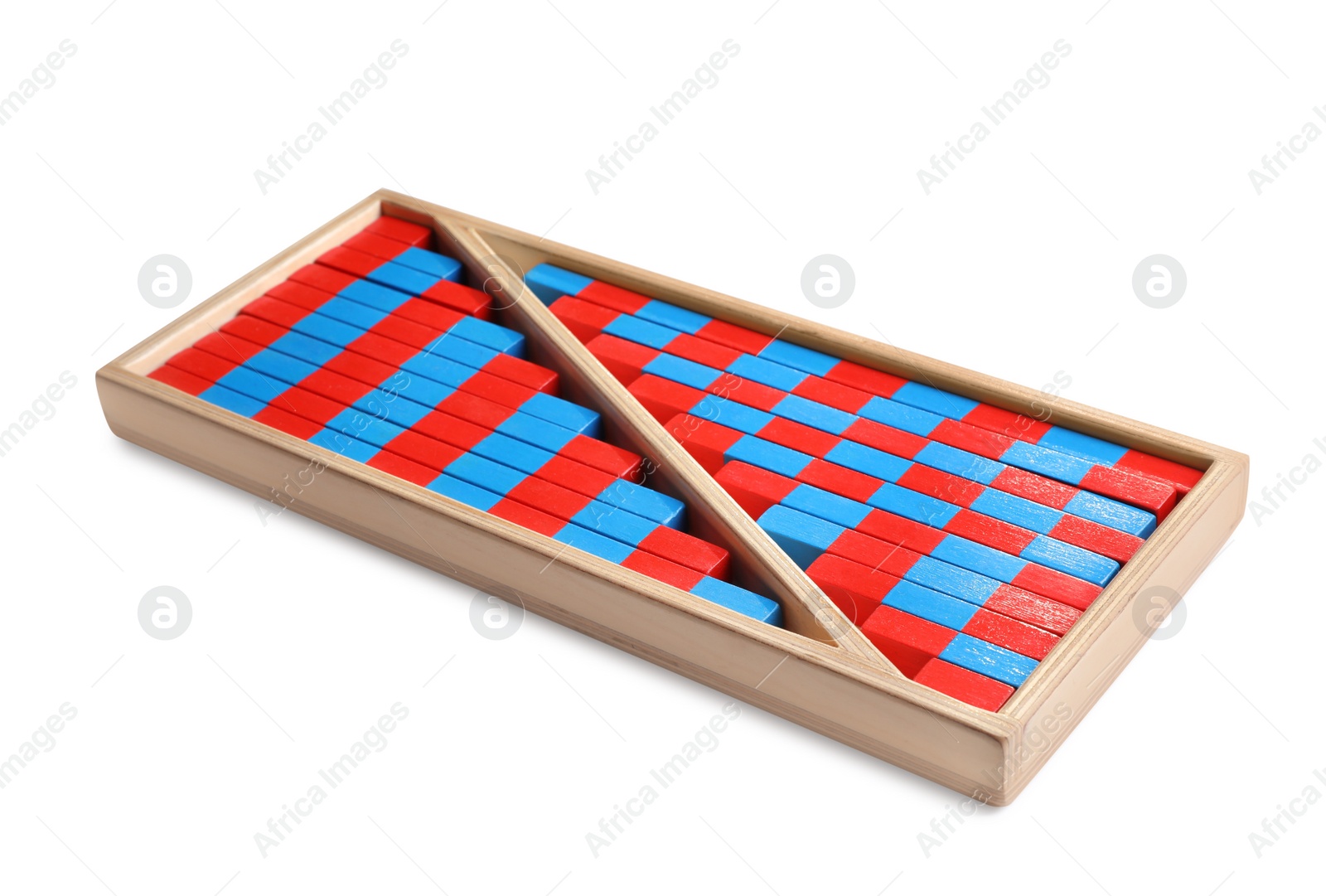 Photo of Wooden box with red and blue numerical sticks isolated on white. Montessori math toy