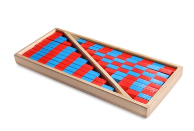 Wooden box with red and blue numerical sticks isolated on white. Montessori math toy
