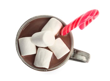 Photo of Cup of delicious hot chocolate with marshmallows and candy cane isolated on white, top view