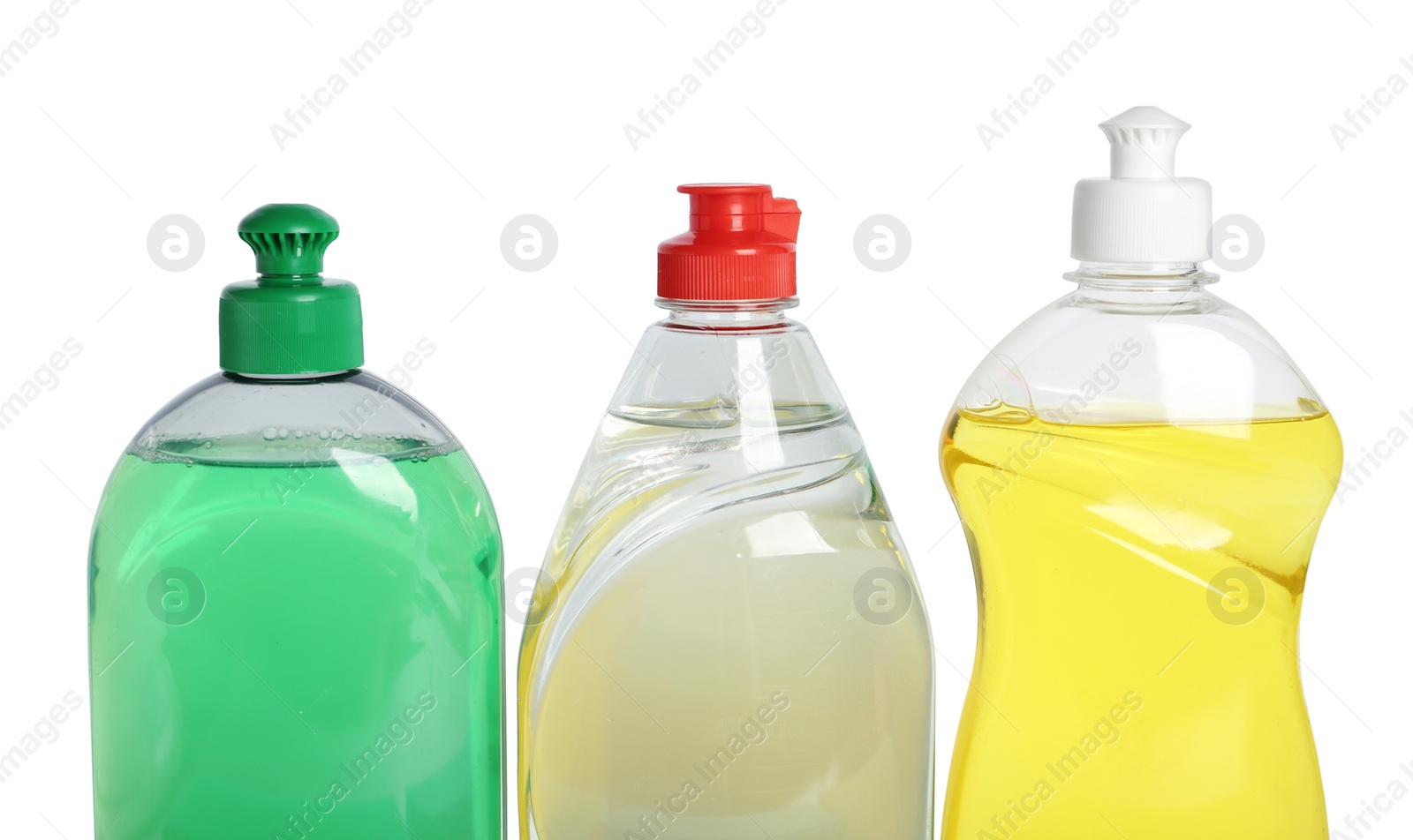 Photo of Bottles with different detergents on white background