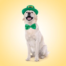 Image of St. Patrick's day celebration. Cute Golden Retriever dog with leprechaun hat and bow tie on yellow background