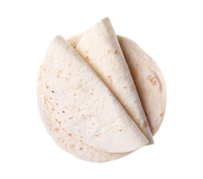 Photo of Corn tortillas on white background, top view. Unleavened bread