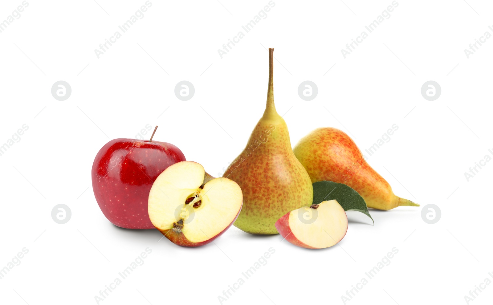 Image of Ripe juicy pears and apples on white background