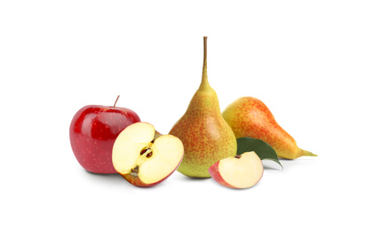 Image of Ripe juicy pears and apples on white background