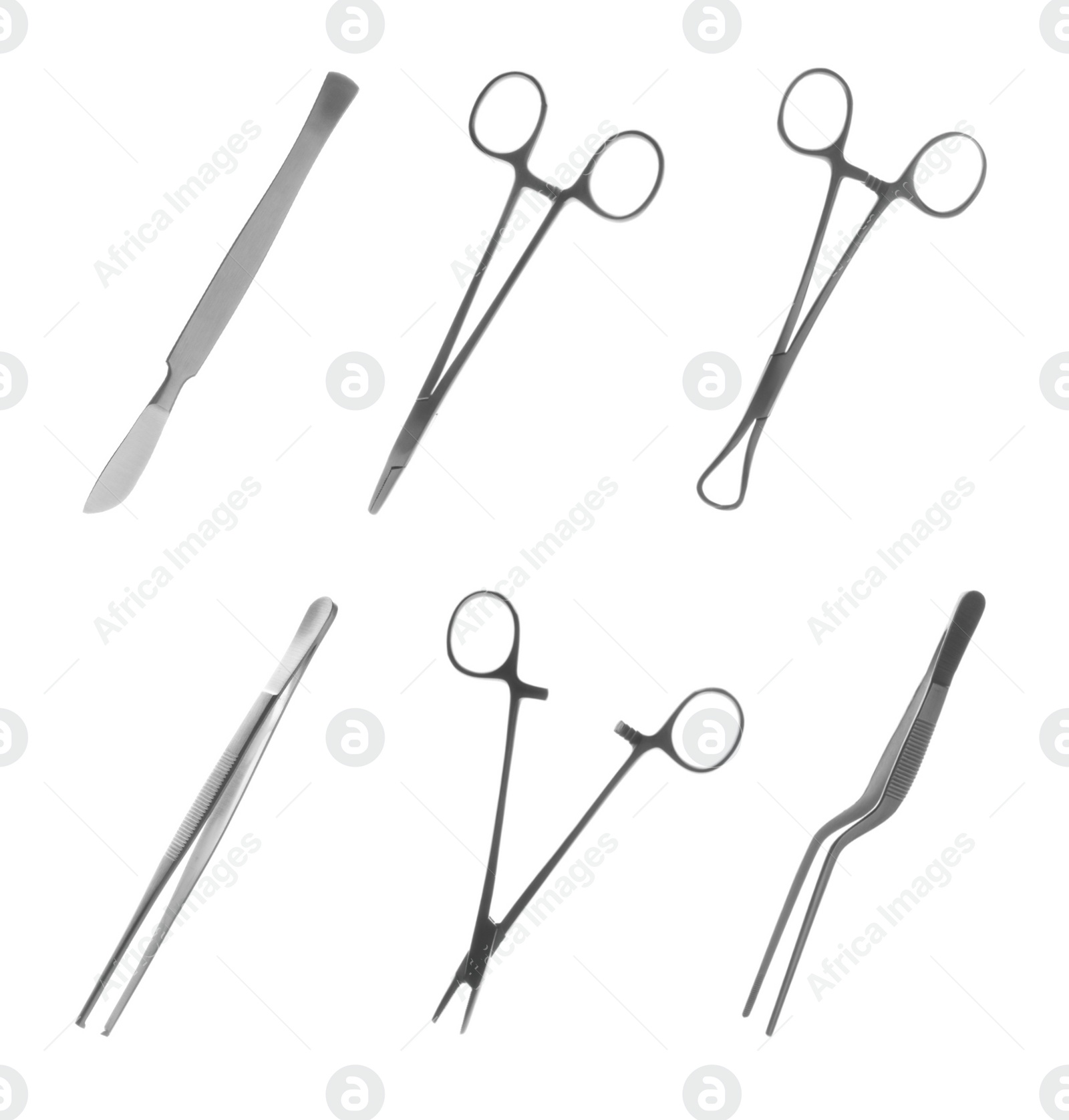 Image of Set with different surgical instruments on white background 