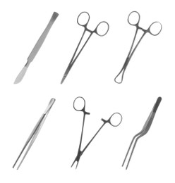 Image of Set with different surgical instruments on white background 