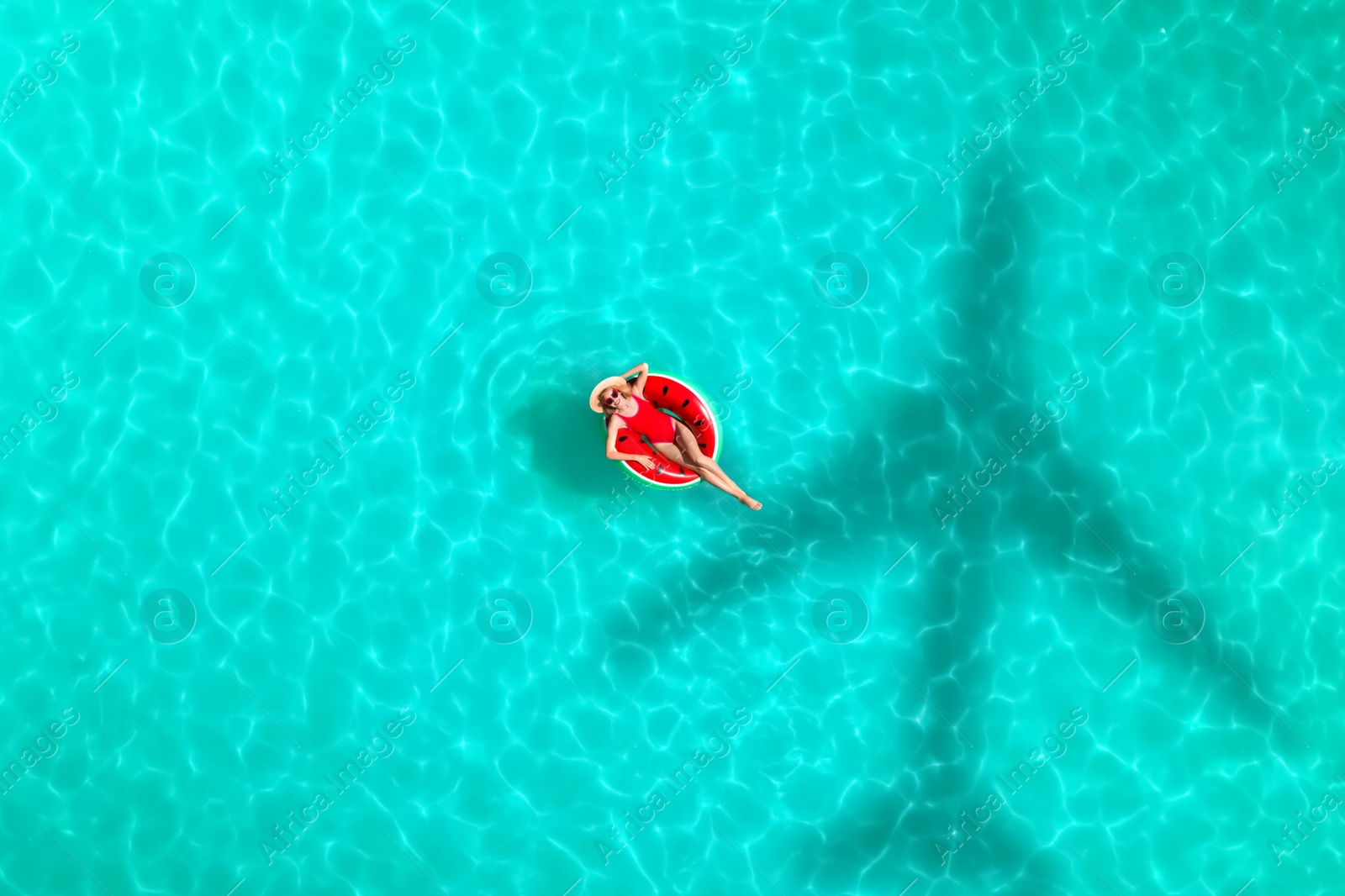 Image of Shadow of airplane and happy woman on inflatable ring in swimming pool, aerial view. Summer vacation