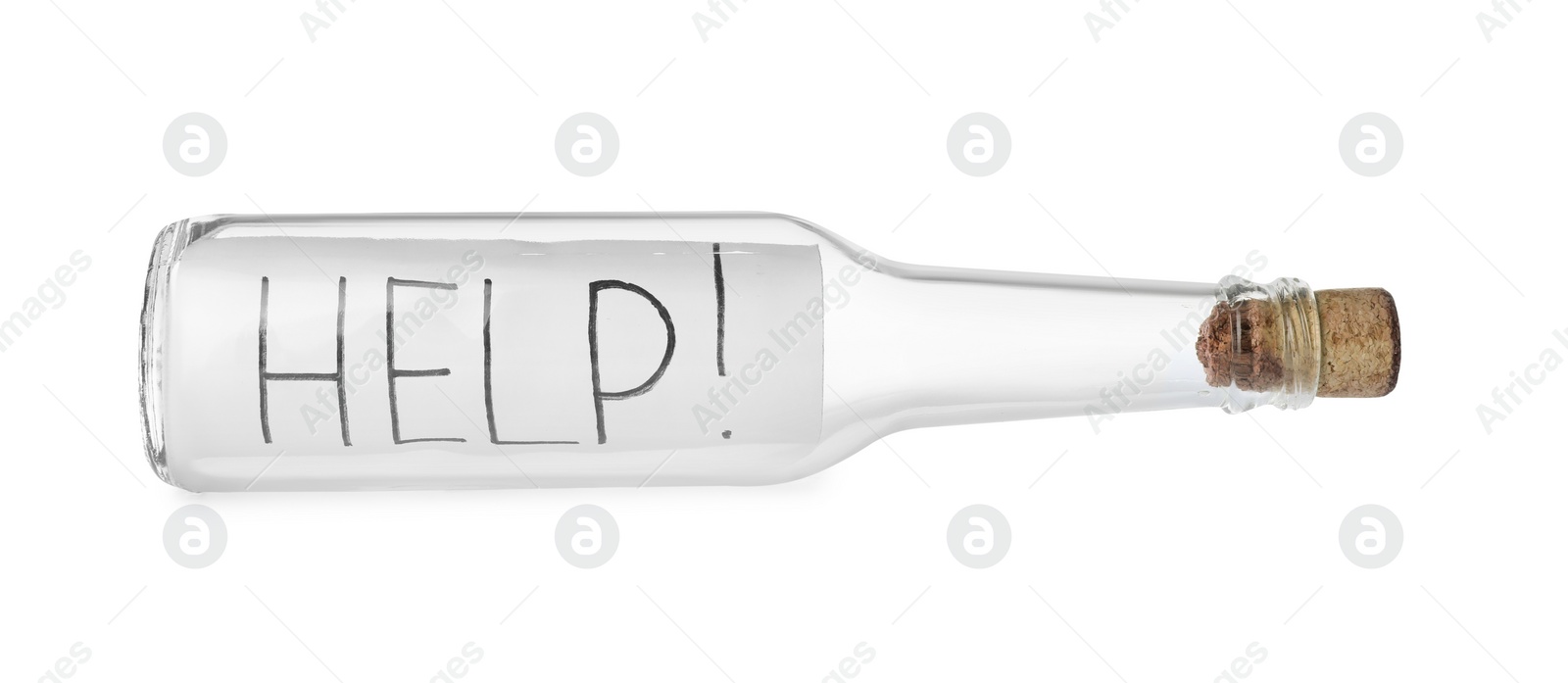 Photo of Corked glass bottle with Help note on white background