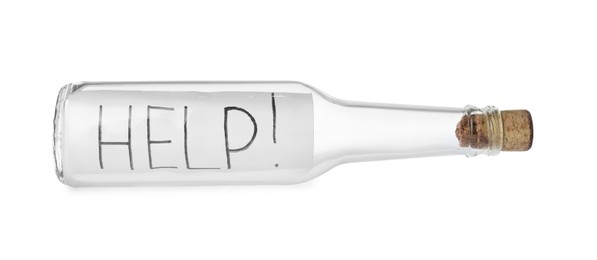 Photo of Corked glass bottle with Help note on white background