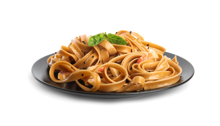 Photo of Tasty buckwheat noodles with shrimps on white background